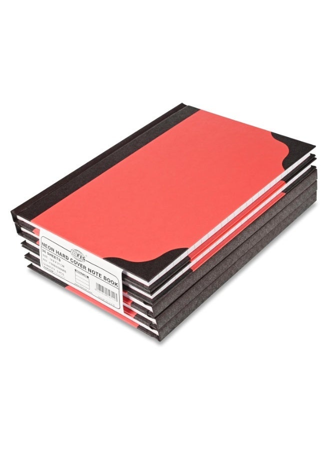 FIS® Hard Cover Notebook, A5 Size(148x210mm), 96 Sheets, Single Line Ruling with Black Spine and Corners, Packet of 5 Pieces, Neon Red Color-FSNBA596NRE - Image 1